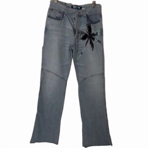 Roberto Cavalli Jeans size 32 blue button front Palm tree appliqué frayed hem